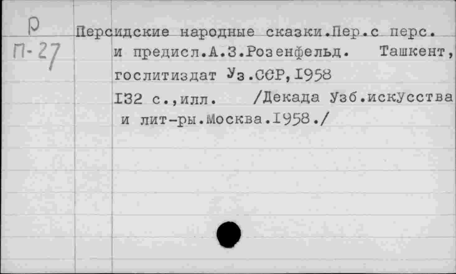 ﻿идские народные сказки.Лер.с перс.
и предисл.А.3.Розенфельд. Ташкент, Гослитиздат Уз.ССР,1958
132 с.,илл. /Декада Узб.искусства
и лит-ры.Москва.1958«/